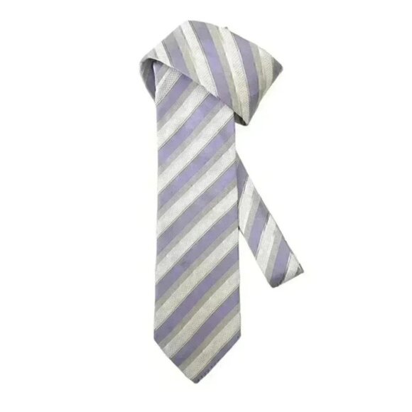 Hugo Boss Silk Tie Purple Grey White Stripes - Picture 10 of 10